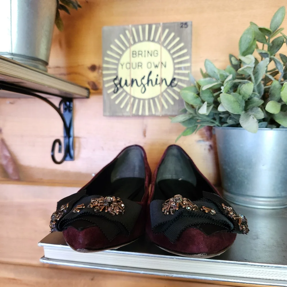 Vera Wang Suede Leather Point Toe Ballet Flats Flower Embellished Bead Bow Sz 6M